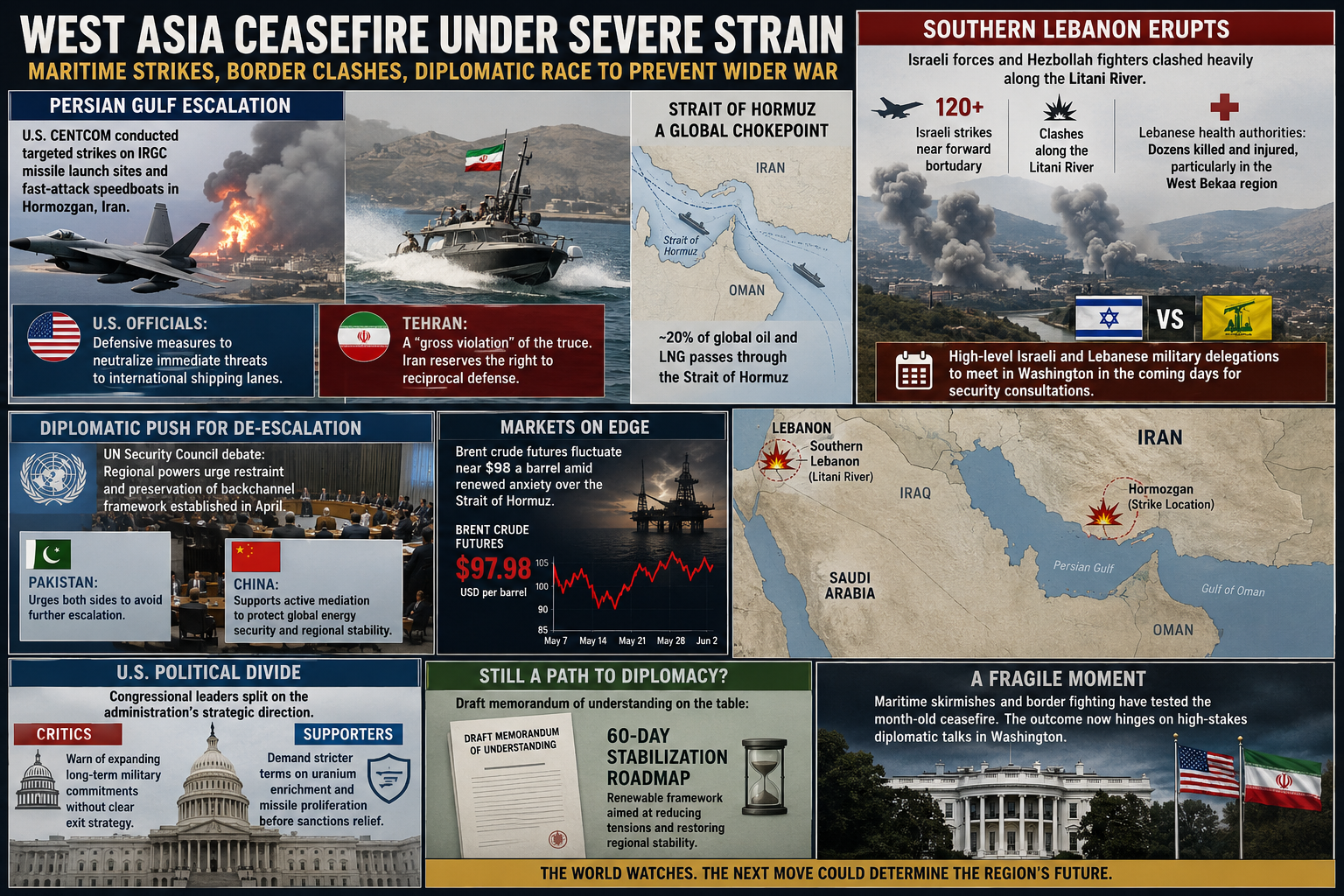 Gulf conflict 2026, U.S. Iran military strikes, Litani River clashes, Middle East ceasefire, Strait of Hormuz shipping, Washington peace talks, international diplomacy